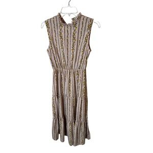 Moon River Pink Floral Stripe‎ Ruffle Neck Tiered Sleeveless Midi Dress Small